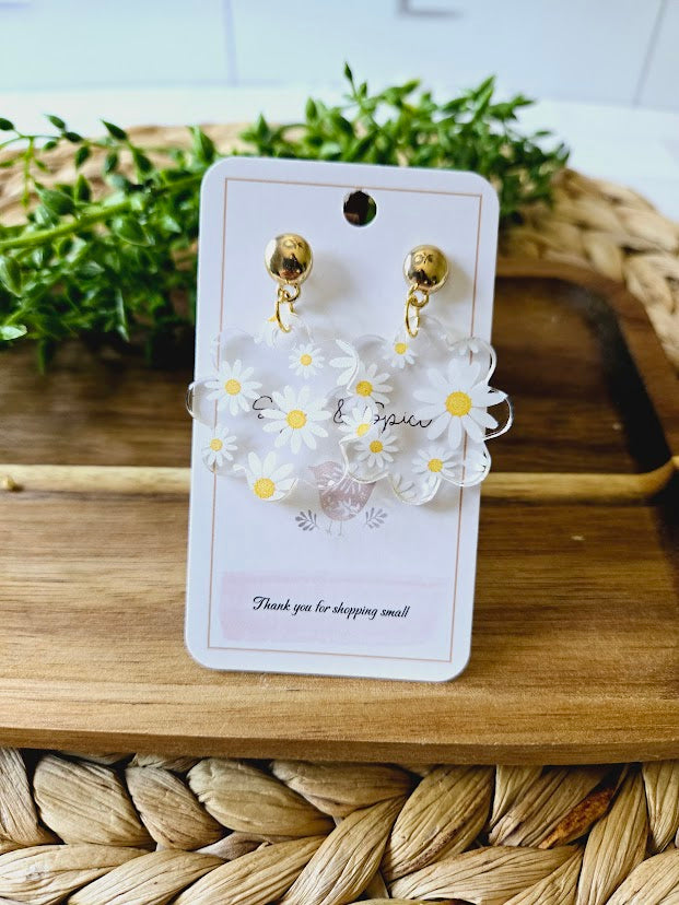 Yellow Daisy Flower Acrylic Gold Earrings