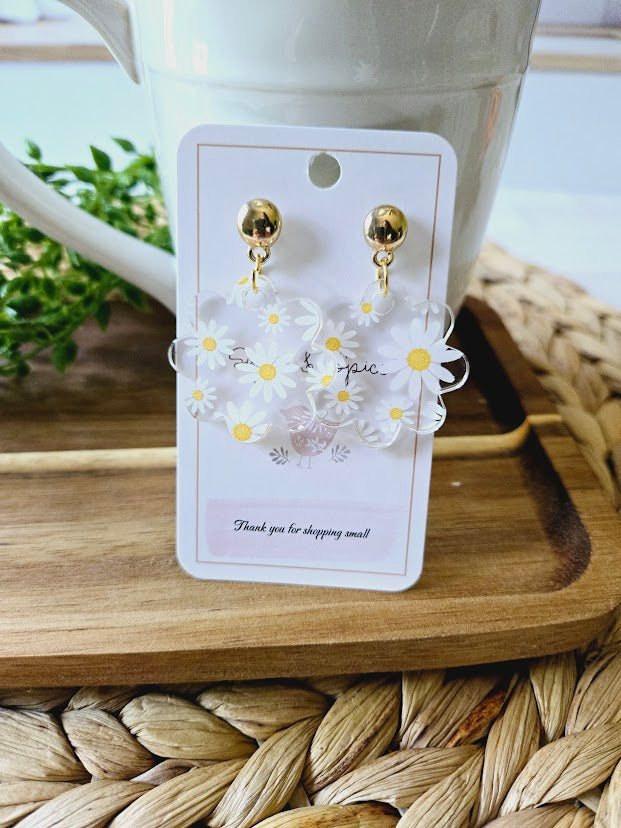Yellow Daisy Flower Acrylic Gold Earrings