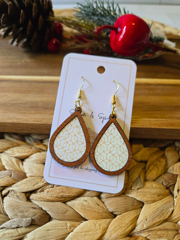 Gold Modern Pattern Wood Inlay Teardrop Earrings