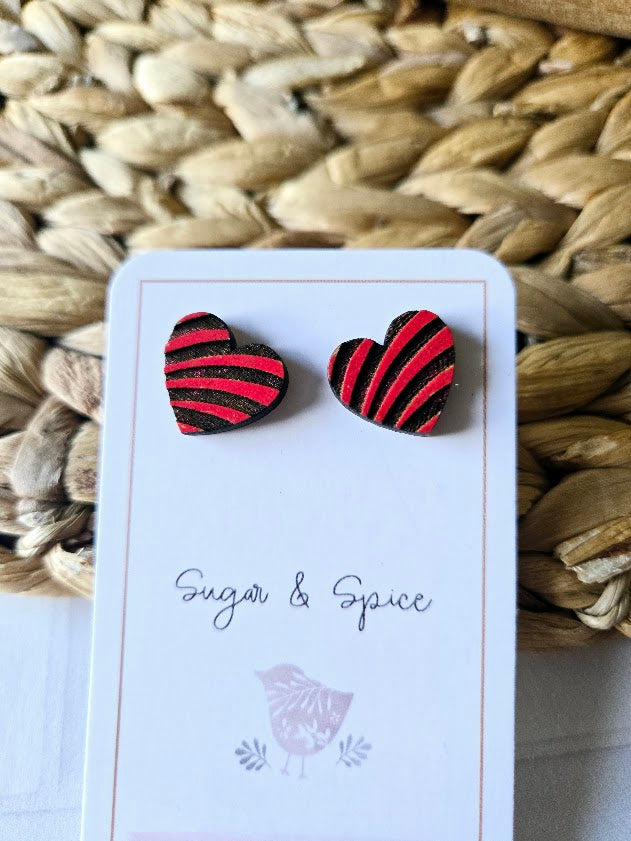 Red Heart Pattern Wood Earrings