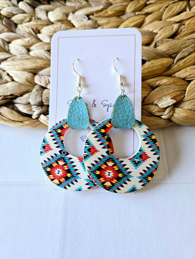 Turquoise Western Tribe with Leather Dangle Earrings
