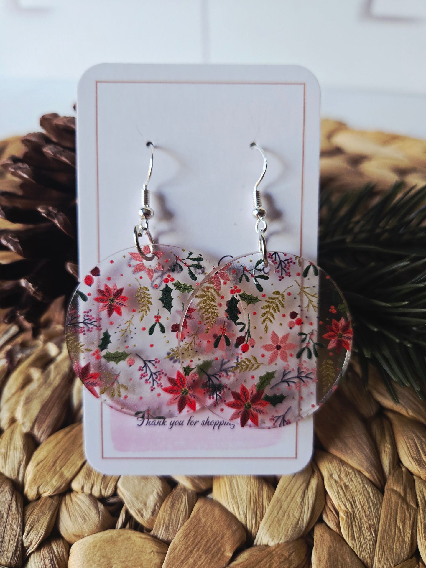 Frosted Poinsettia Christmas Dangle Earrings