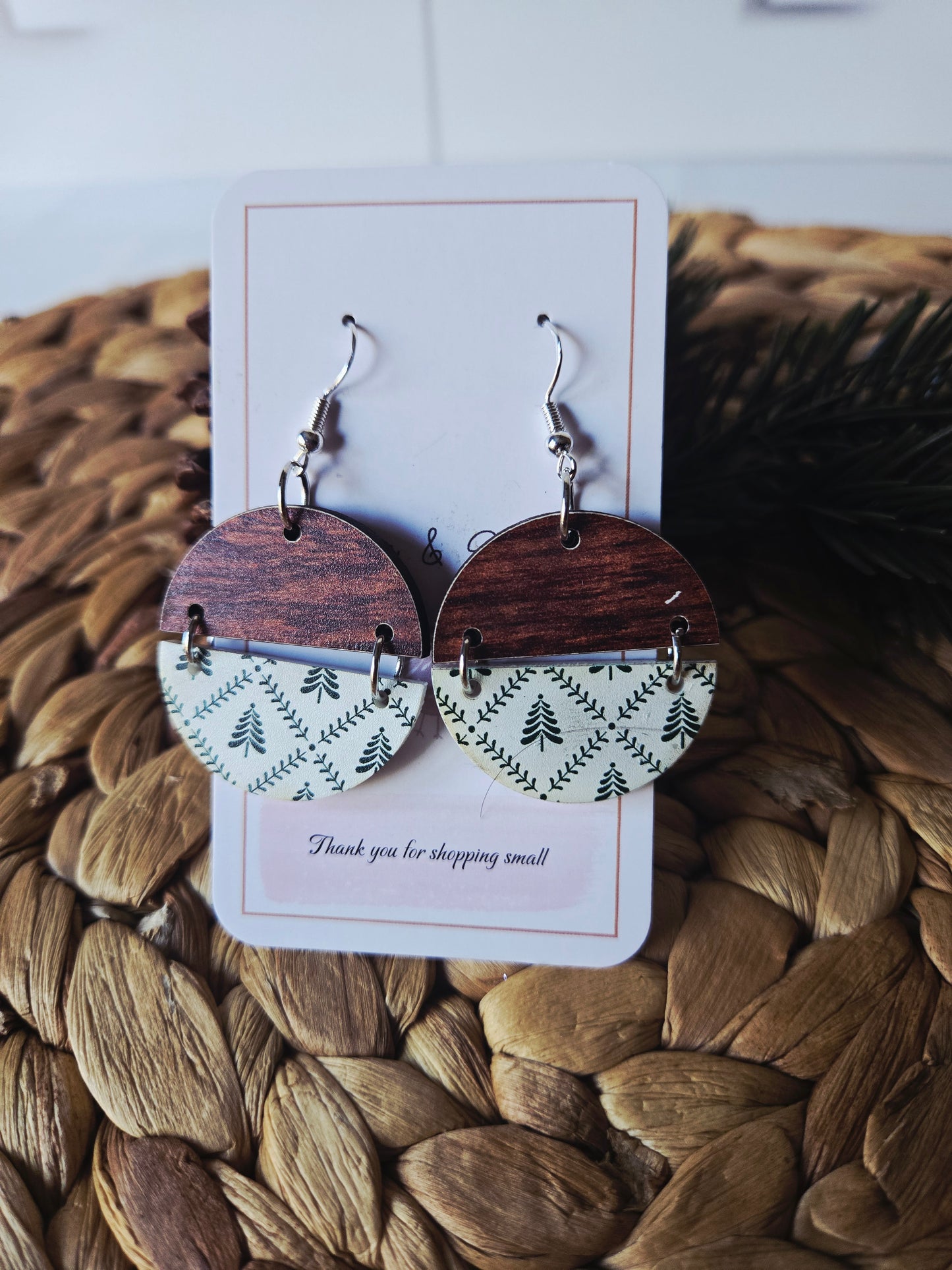 Winter Pine and Wood Christmas Rustic Earrings