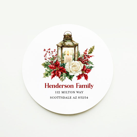 Red Poinsettia Lantern Christmas Return Address Sticker