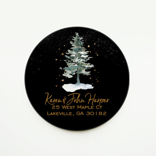 Watercolor Gold Christmas Tree Black Return Address Sticker or Label