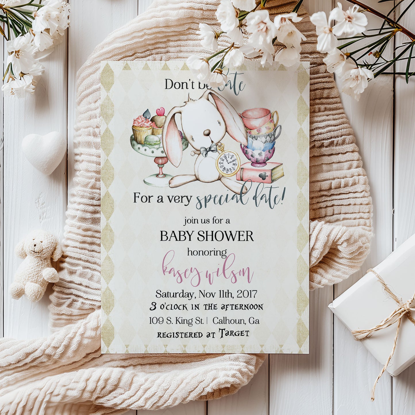Alice in Wonderland Rabbit Tea Party Baby Shower Invitation