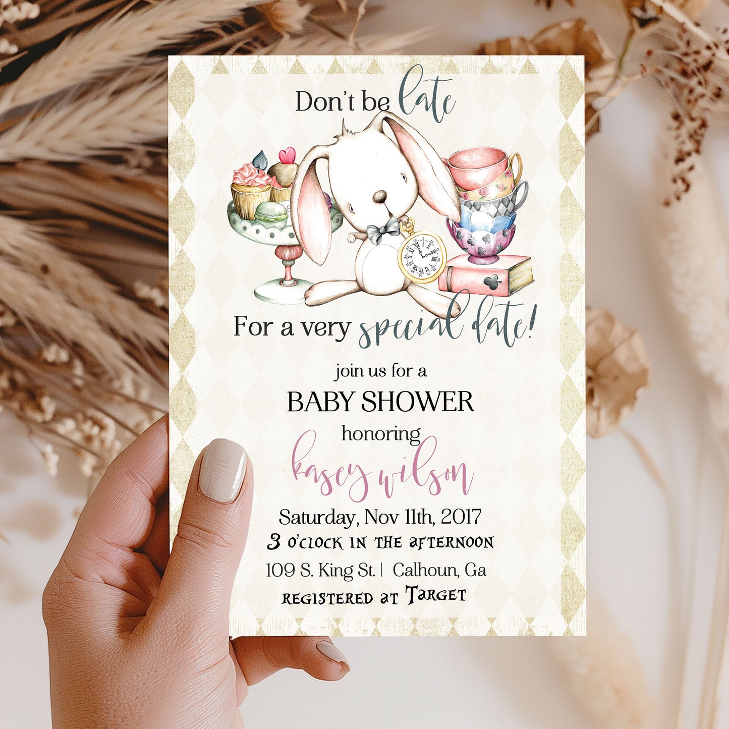 Alice in Wonderland Rabbit Tea Party Baby Shower Invitation