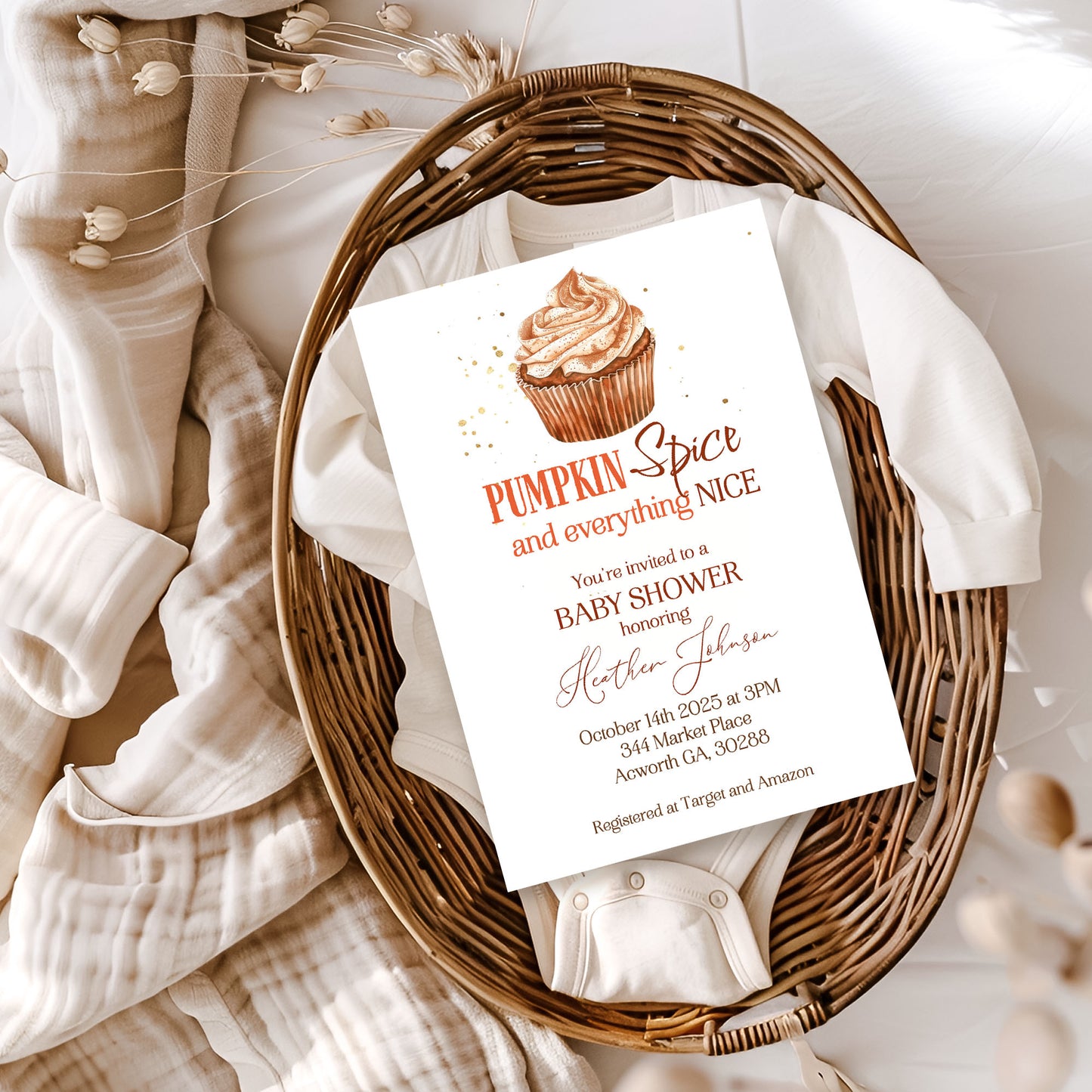 Pumpkin Spice Cupcake Baby Shower Invitation