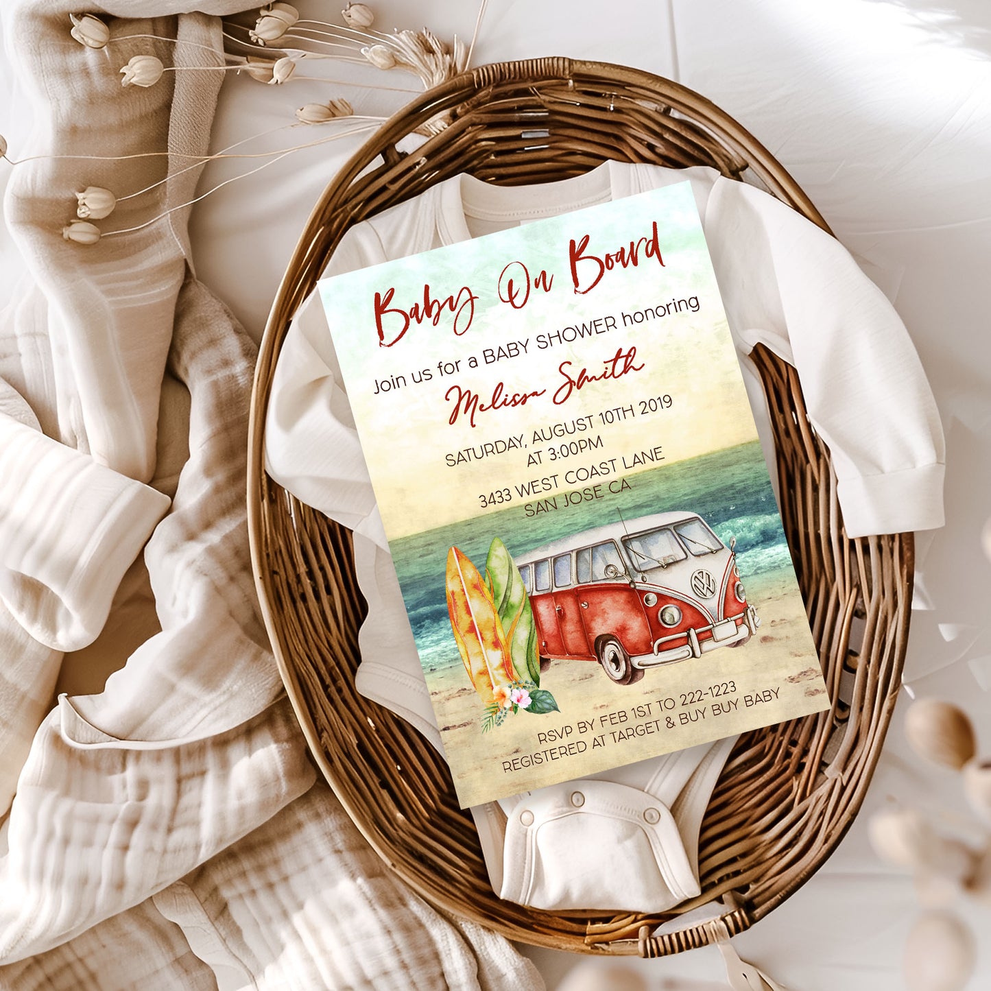 Baby on Board Red Surf Baby Shower Invitation