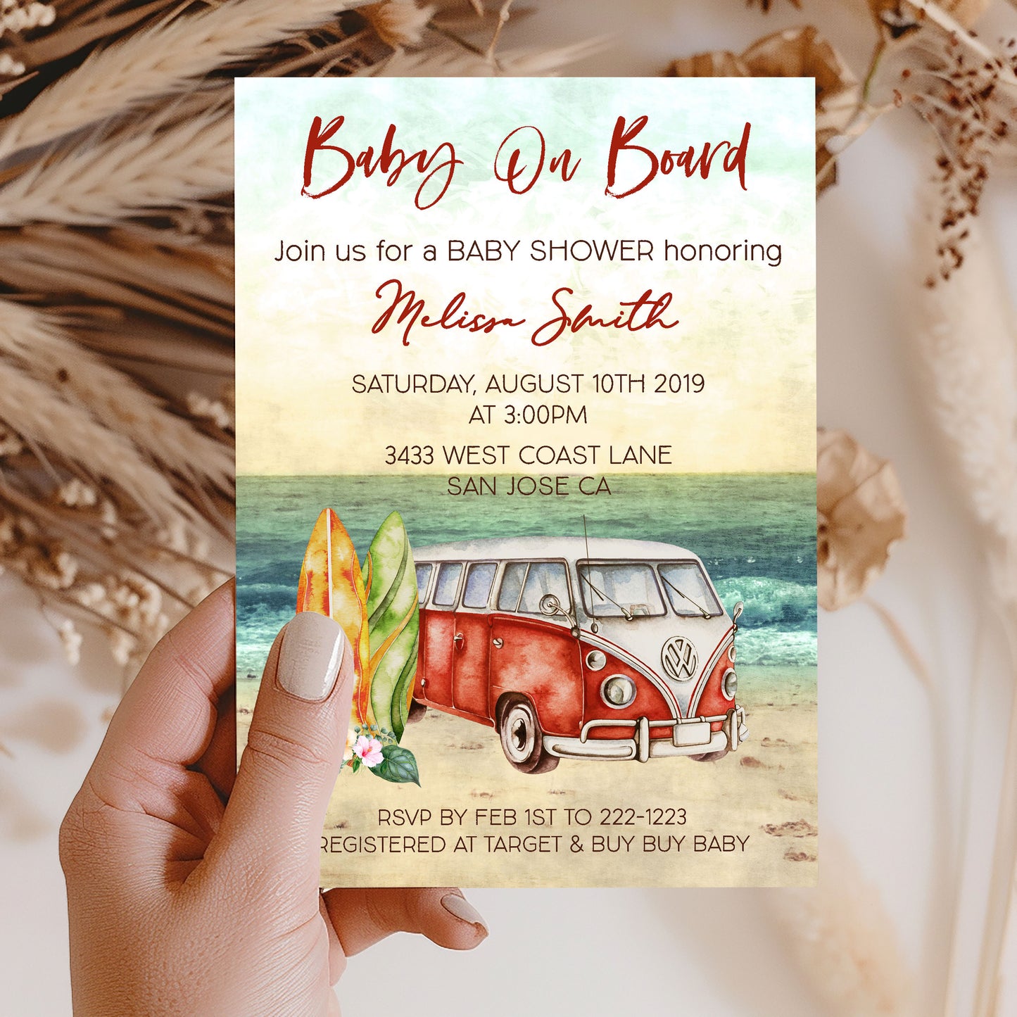Baby on Board Red Surf Baby Shower Invitation