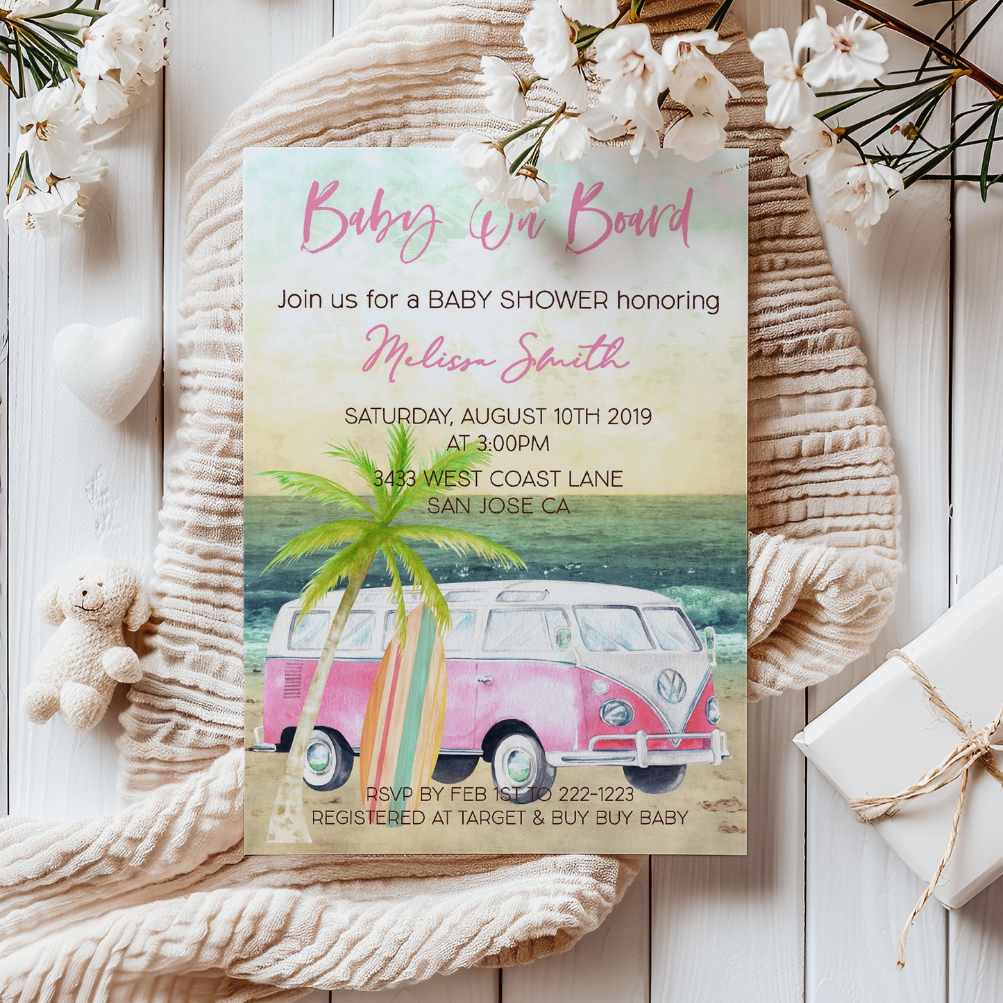 Baby on Board Surf Pink Baby Shower Invitation