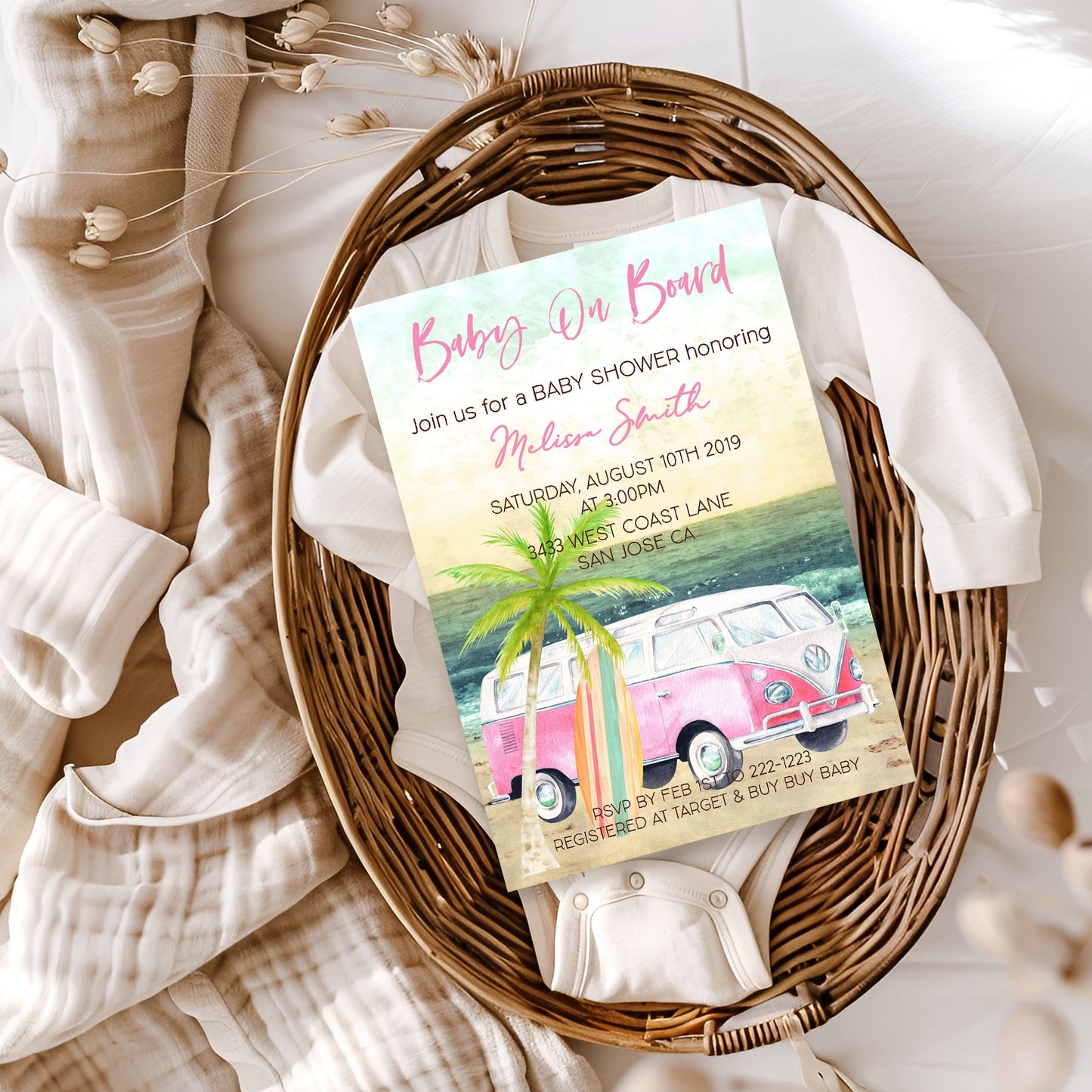 Baby on Board Surf Pink Baby Shower Invitation