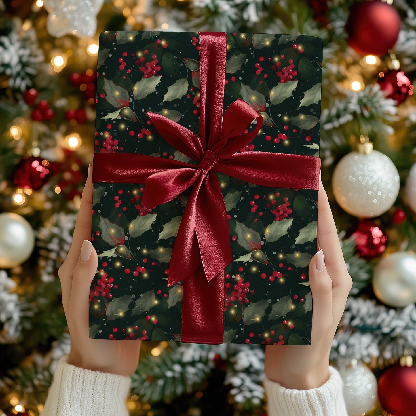 Holly and Lights Dark Christmas Wrapping Paper