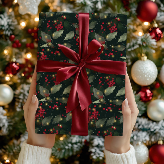 Holly and Lights Dark Christmas Wrapping Paper