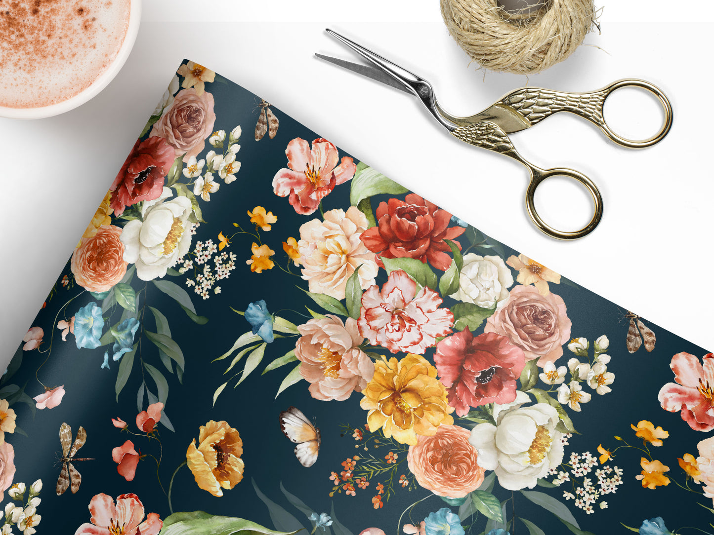 Navy Floral Boho Garden Wrapping Paper