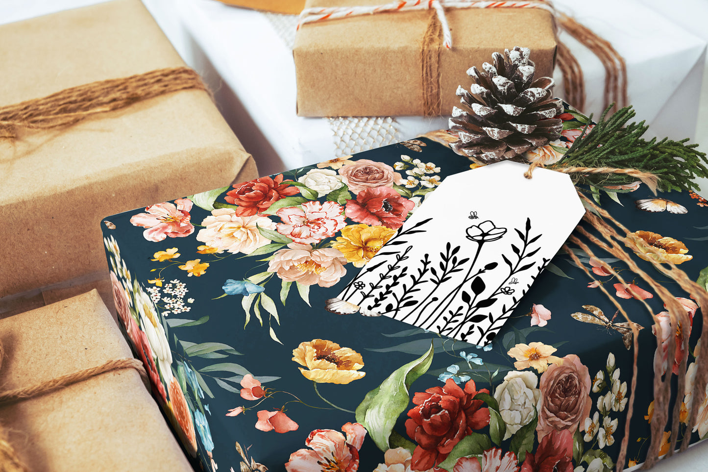 Navy Floral Boho Garden Wrapping Paper