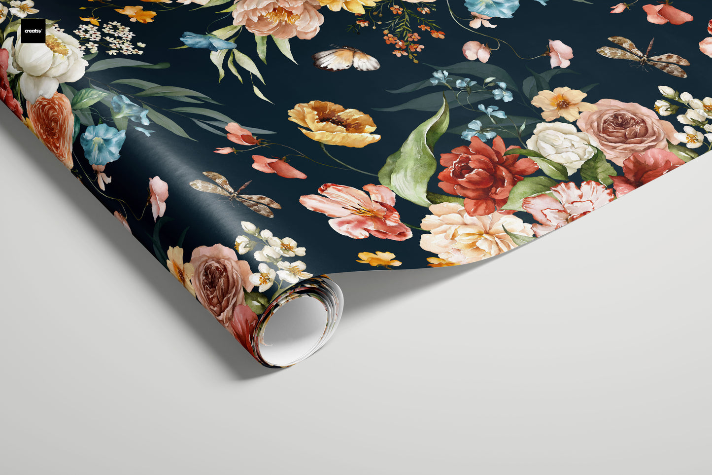 Navy Floral Boho Garden Wrapping Paper
