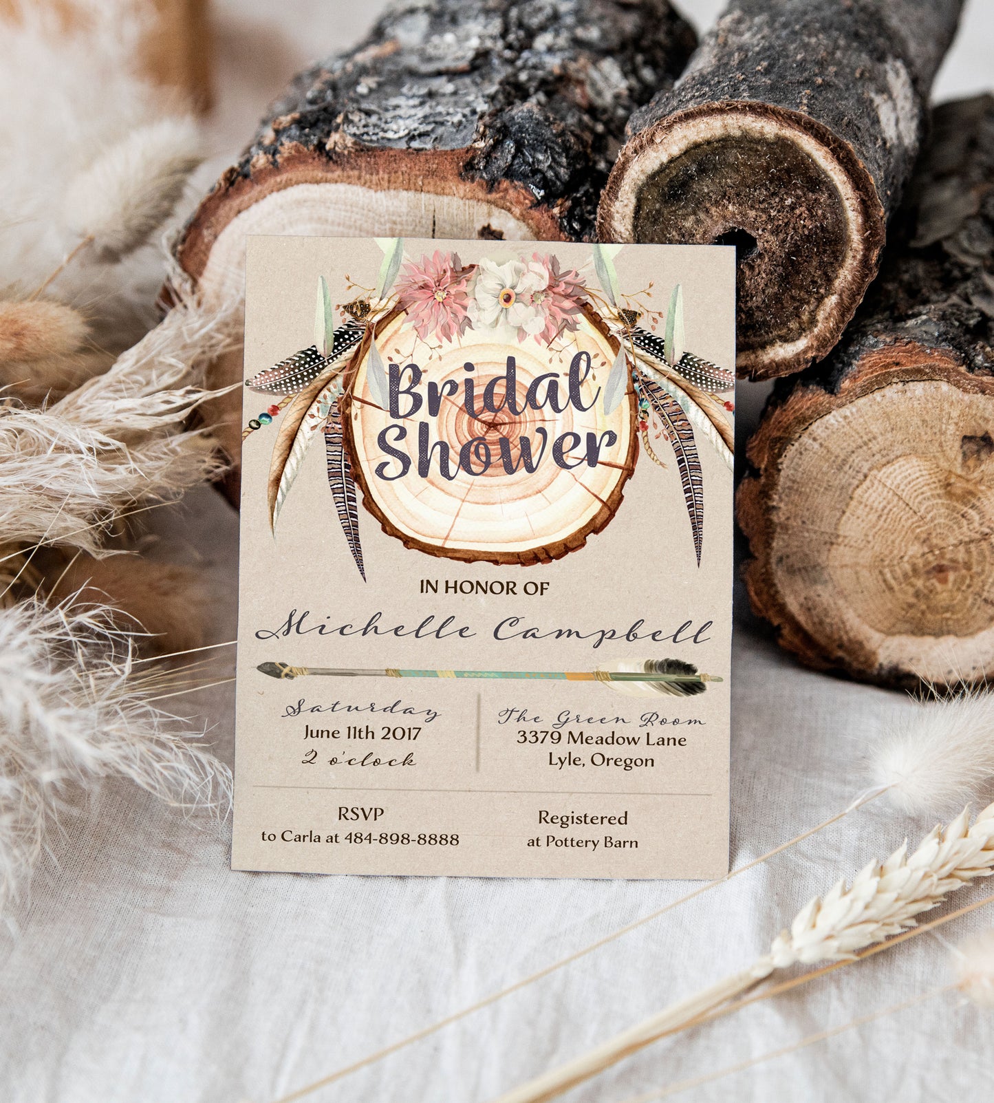 Rustic Boho Wood slice Bridal Shower Invitation