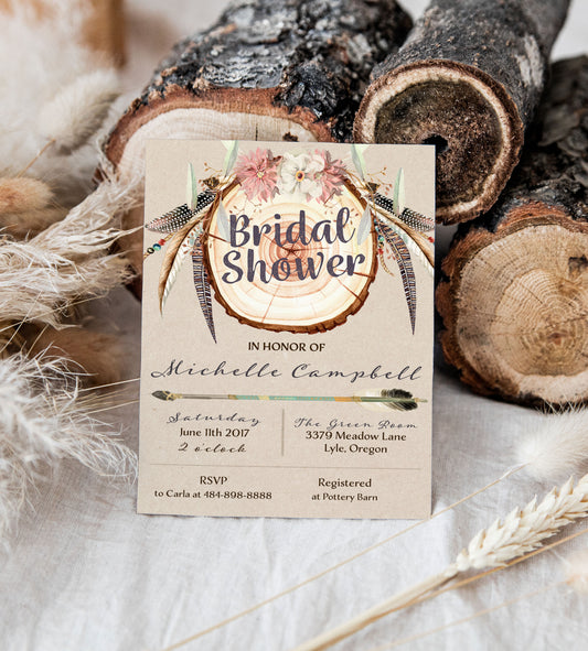 Rustic Boho Wood slice Bridal Shower Invitation