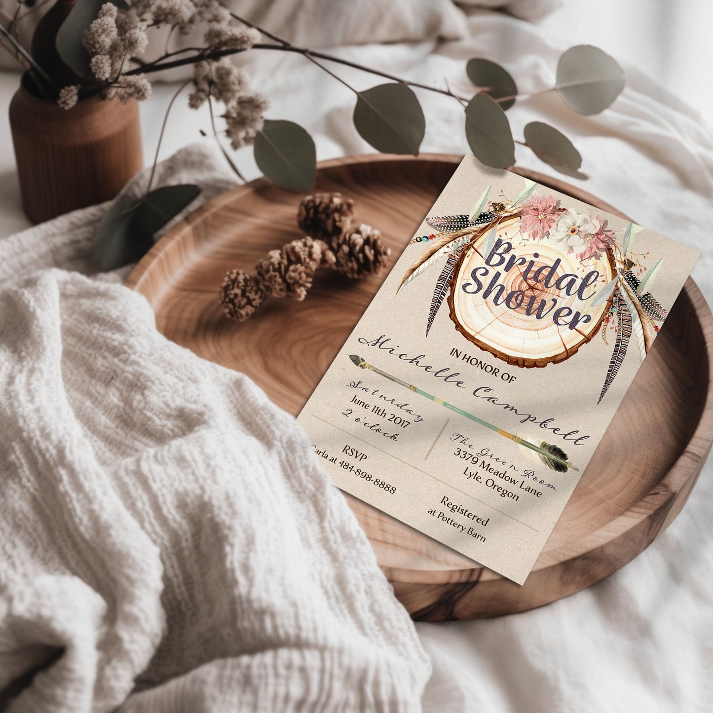 Rustic Boho Wood slice Bridal Shower Invitation