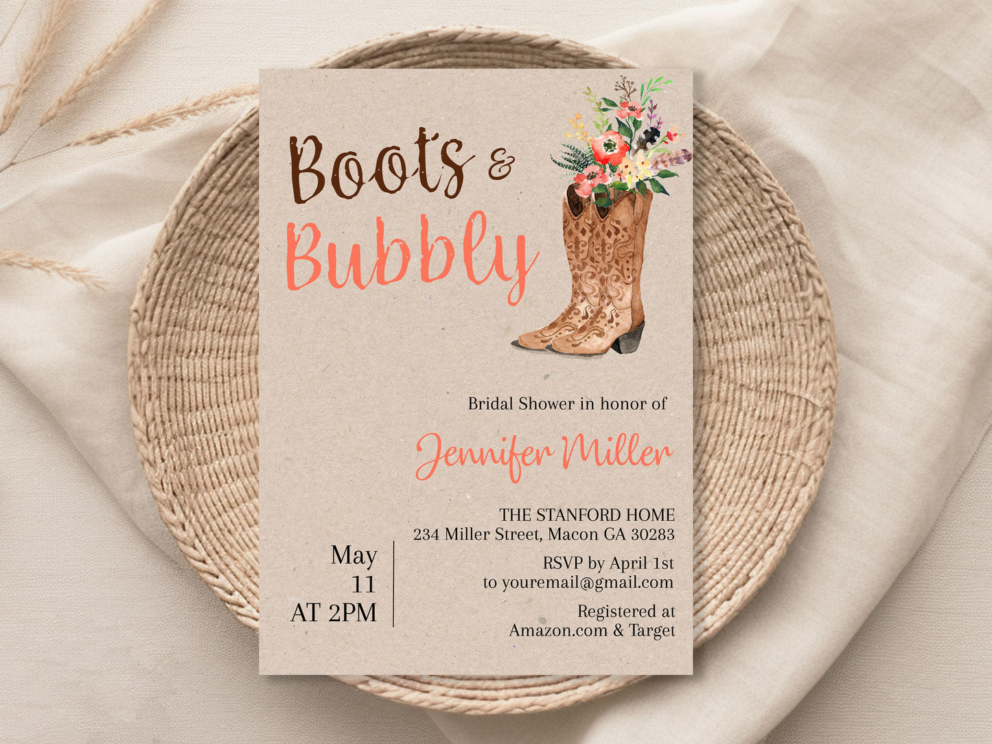 Boots and Bubbly Cowgirl Bridal Shower Invitation