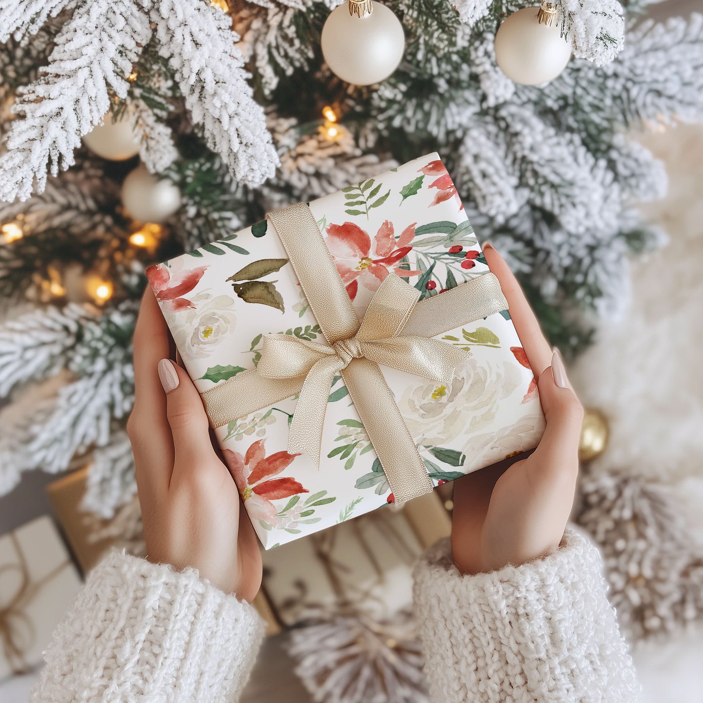 Holiday Floral Poinsettia Christmas Wrapping Paper