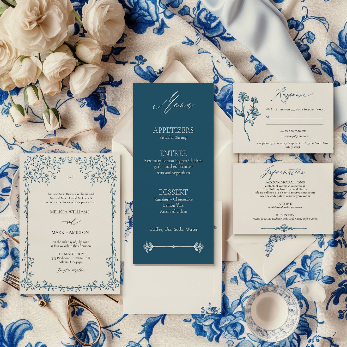 Elegant Blue Greenery Leaf Wedding Invitation Suite
