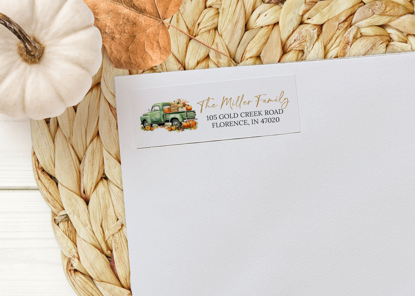 Green Farm Truck Fall Pumpkin Return Address Sticker