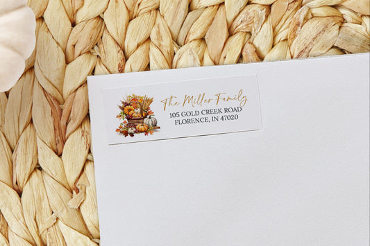 White envelope with personalized address on a woven mat with a small pumpkin.