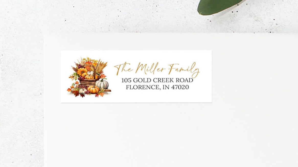 Return address label with fall-themed design and text on a white background
