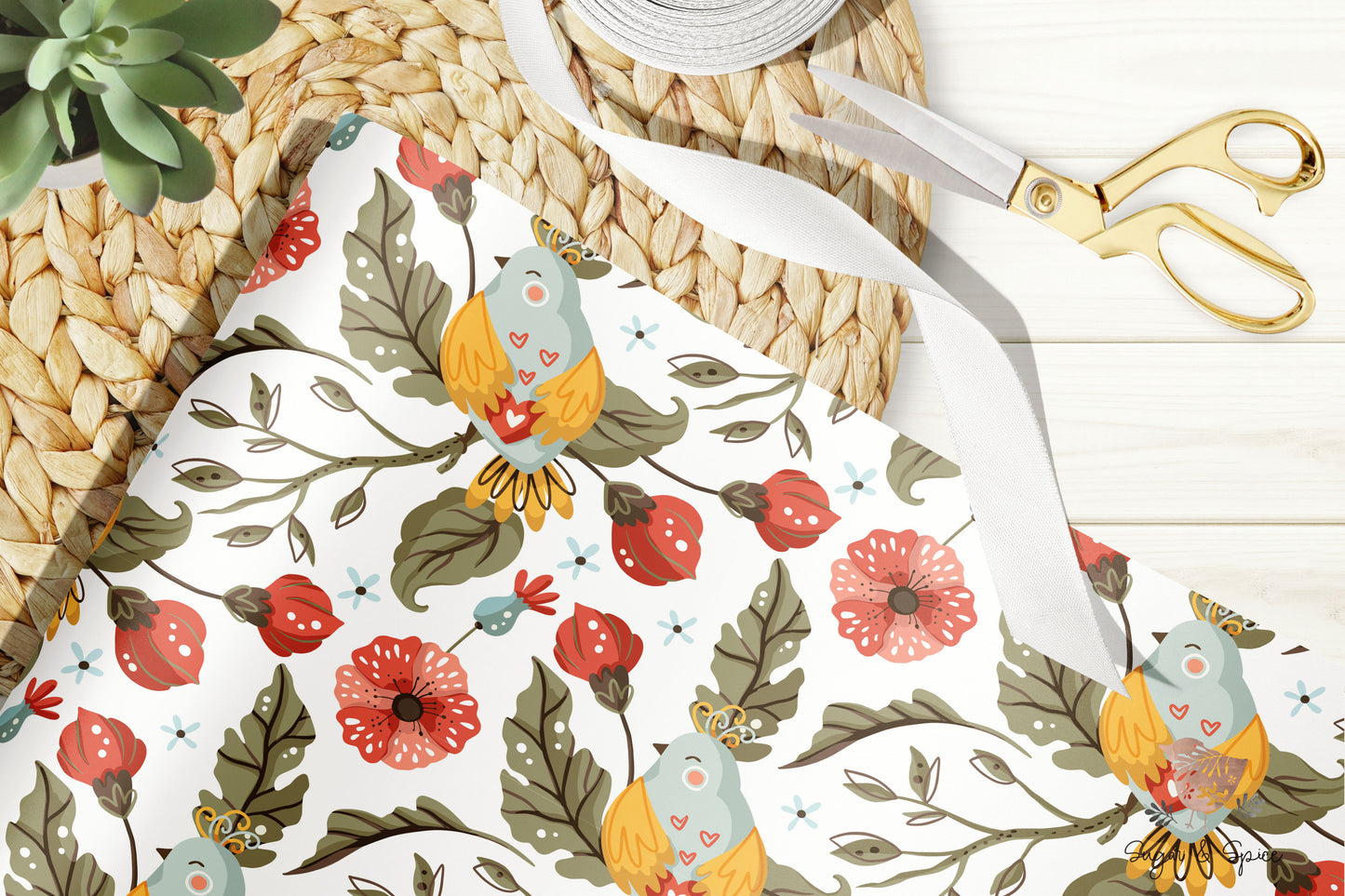 Botanical Floral Bird Wrapping Paper