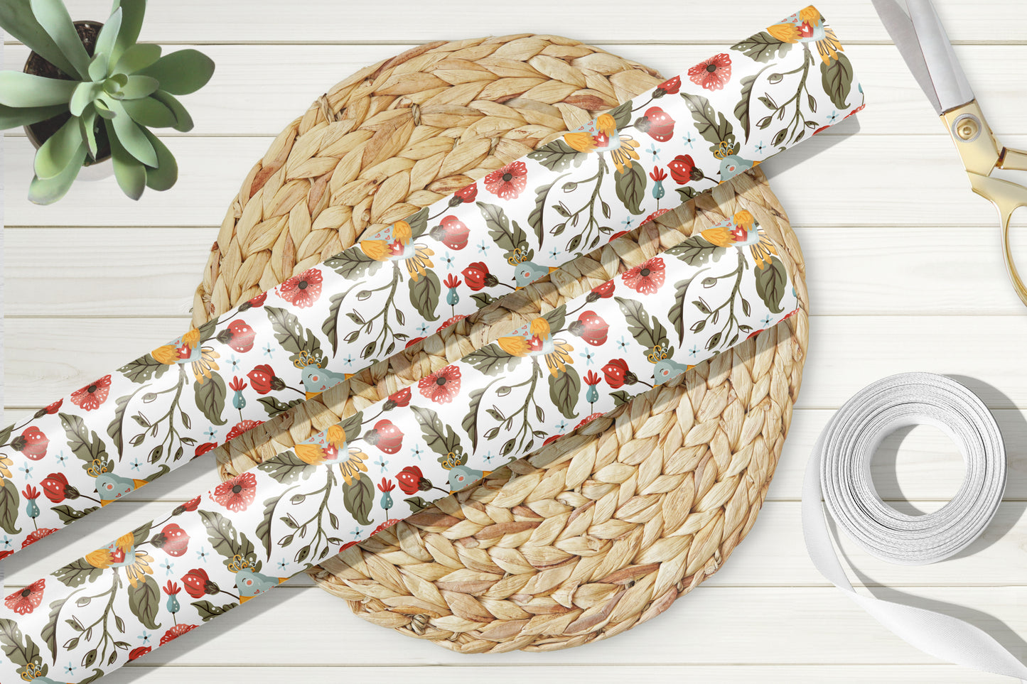 Botanical Floral Bird Wrapping Paper