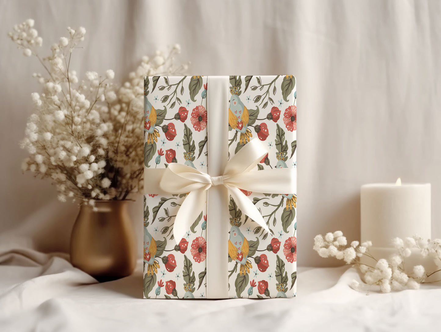 Botanical Floral Bird Wrapping Paper