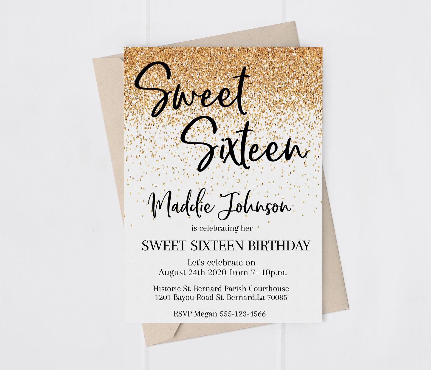 Gold Glitter Sweet Sixteen Birthday Invitation