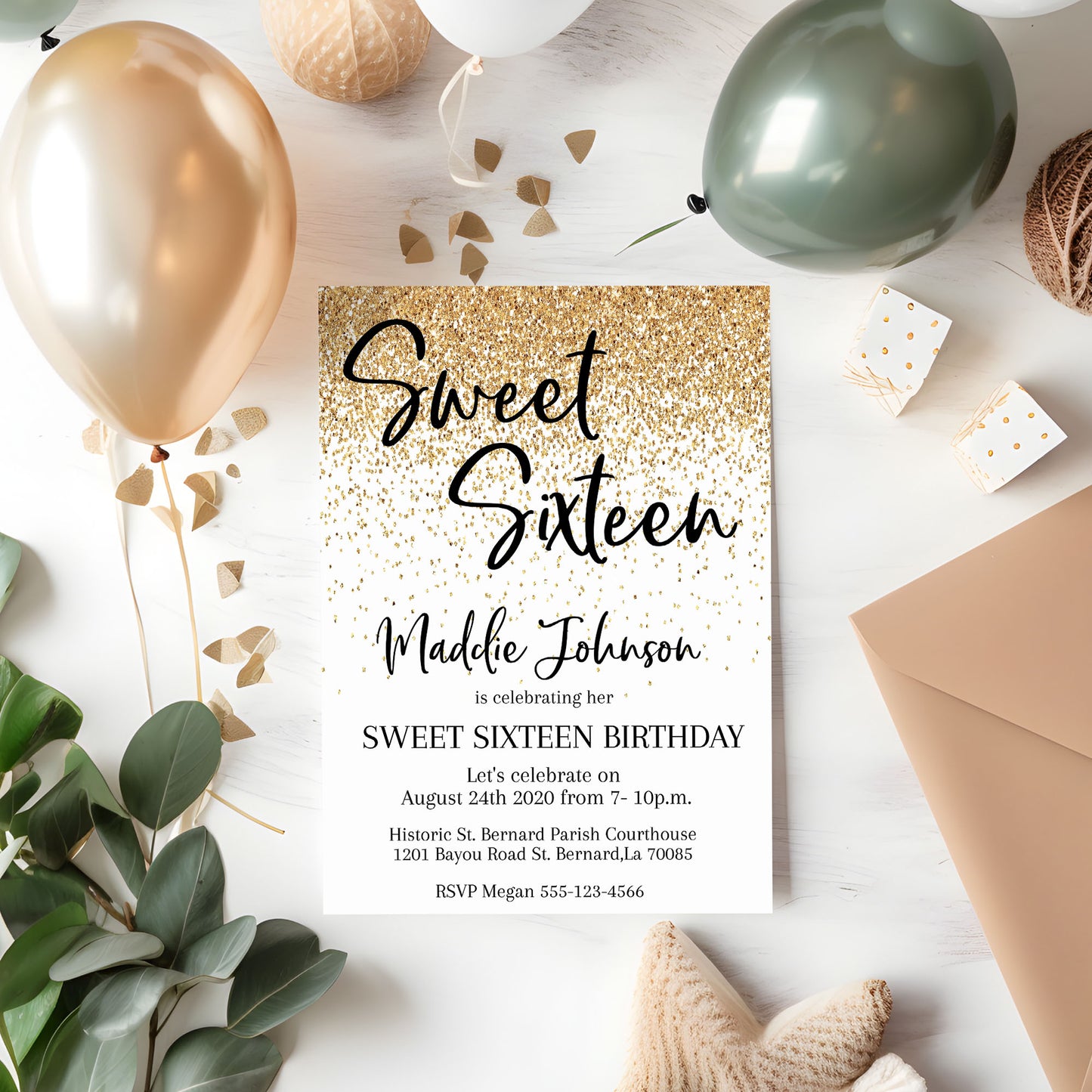 Gold Glitter Sweet Sixteen Birthday Invitation