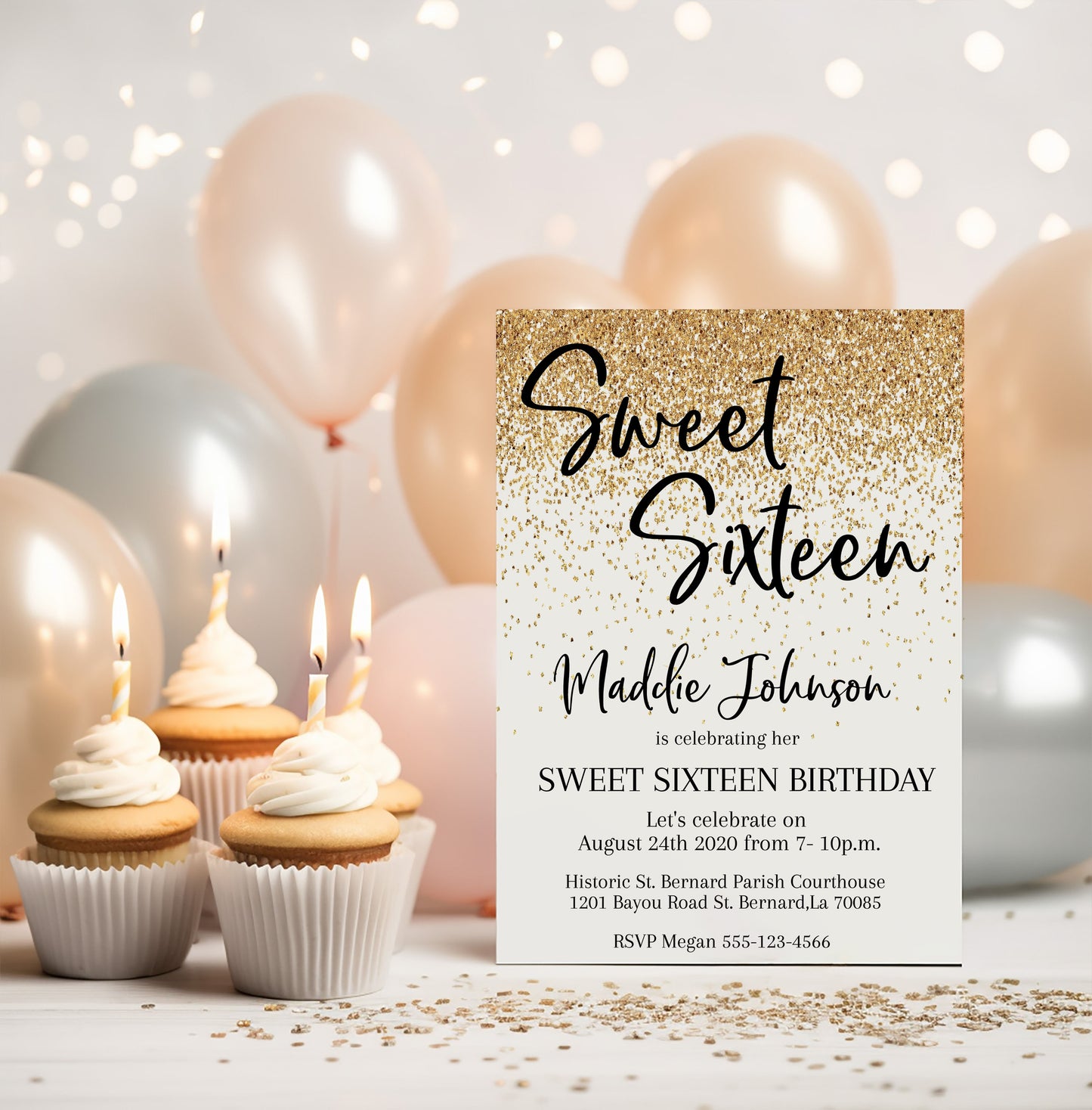 Gold Glitter Sweet Sixteen Birthday Invitation