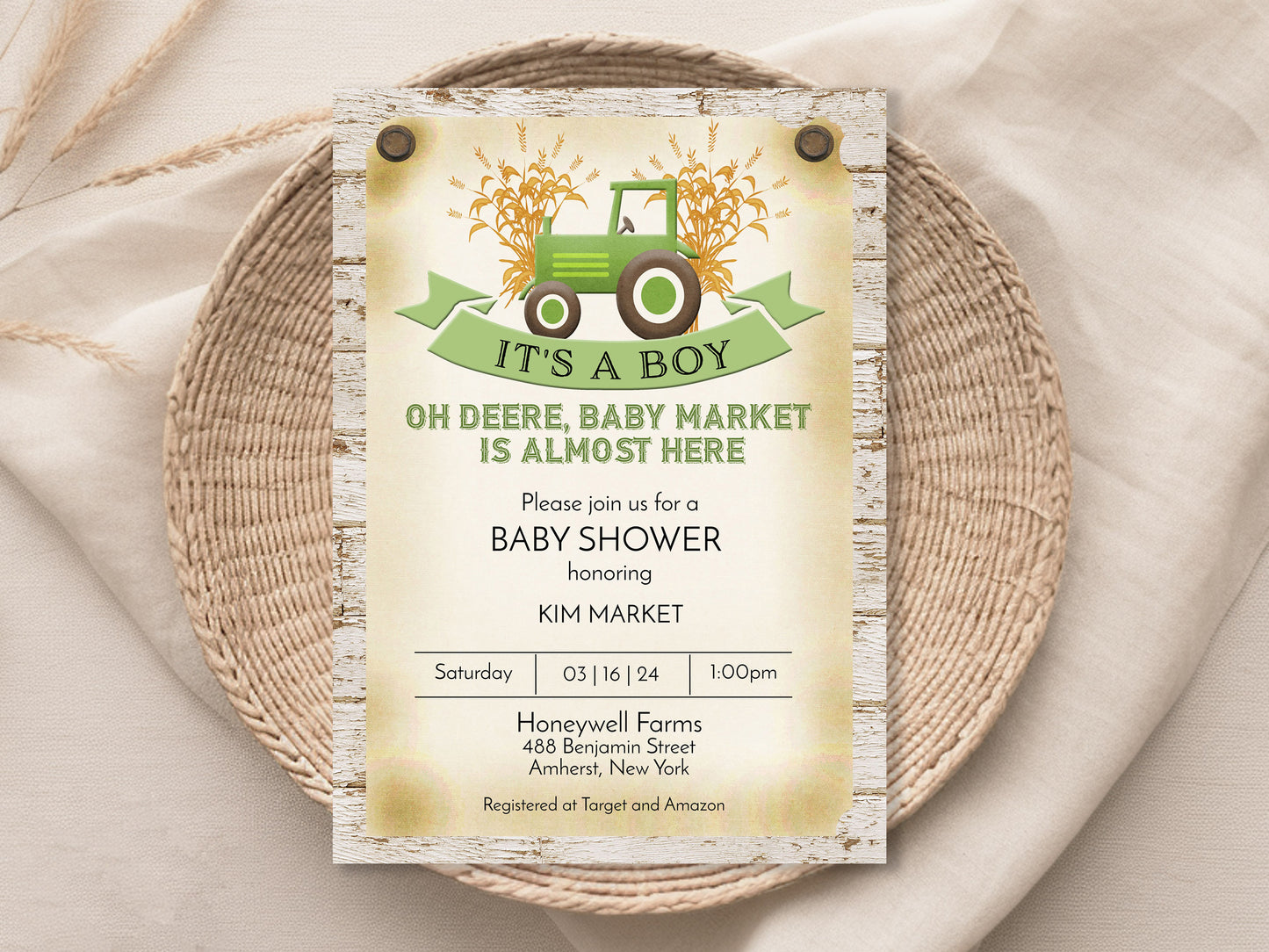 Green Tractor Farm Baby Shower Invitation