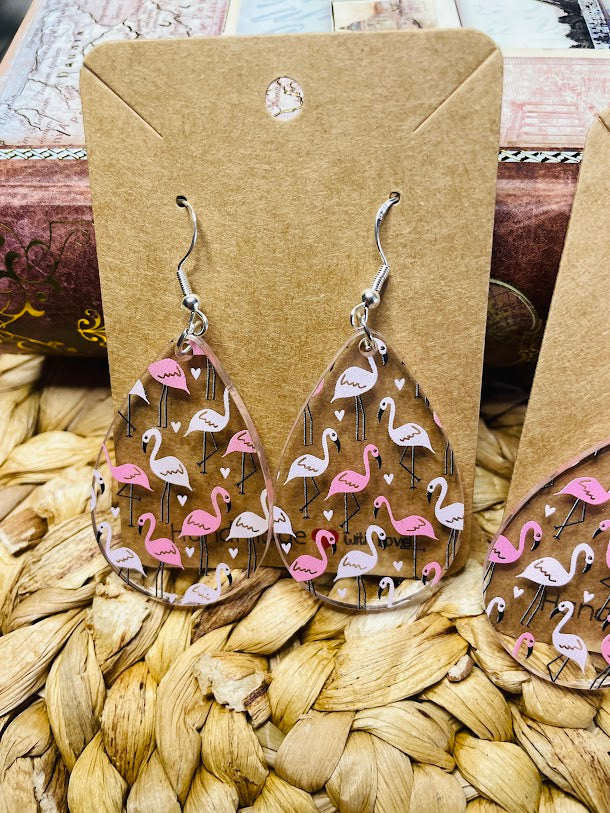 Pink Flamingo Teardrop Acrylic Earrings