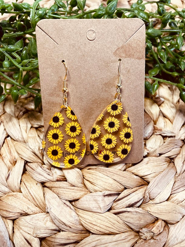 Sunflower Teardrop Acrylic Gold Earrings