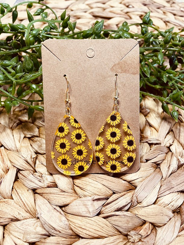 Sunflower Teardrop Acrylic Gold Earrings