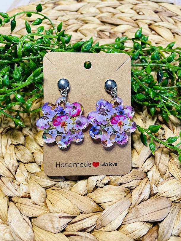 Pink and Purple Flower Acrylic Silver Earrings
