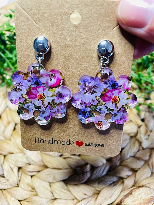 Pink and Purple Flower Acrylic Silver Earrings