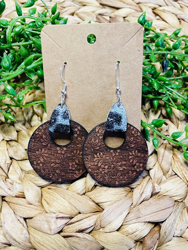 Damask Wood Circle with Glitter Leather Earrings