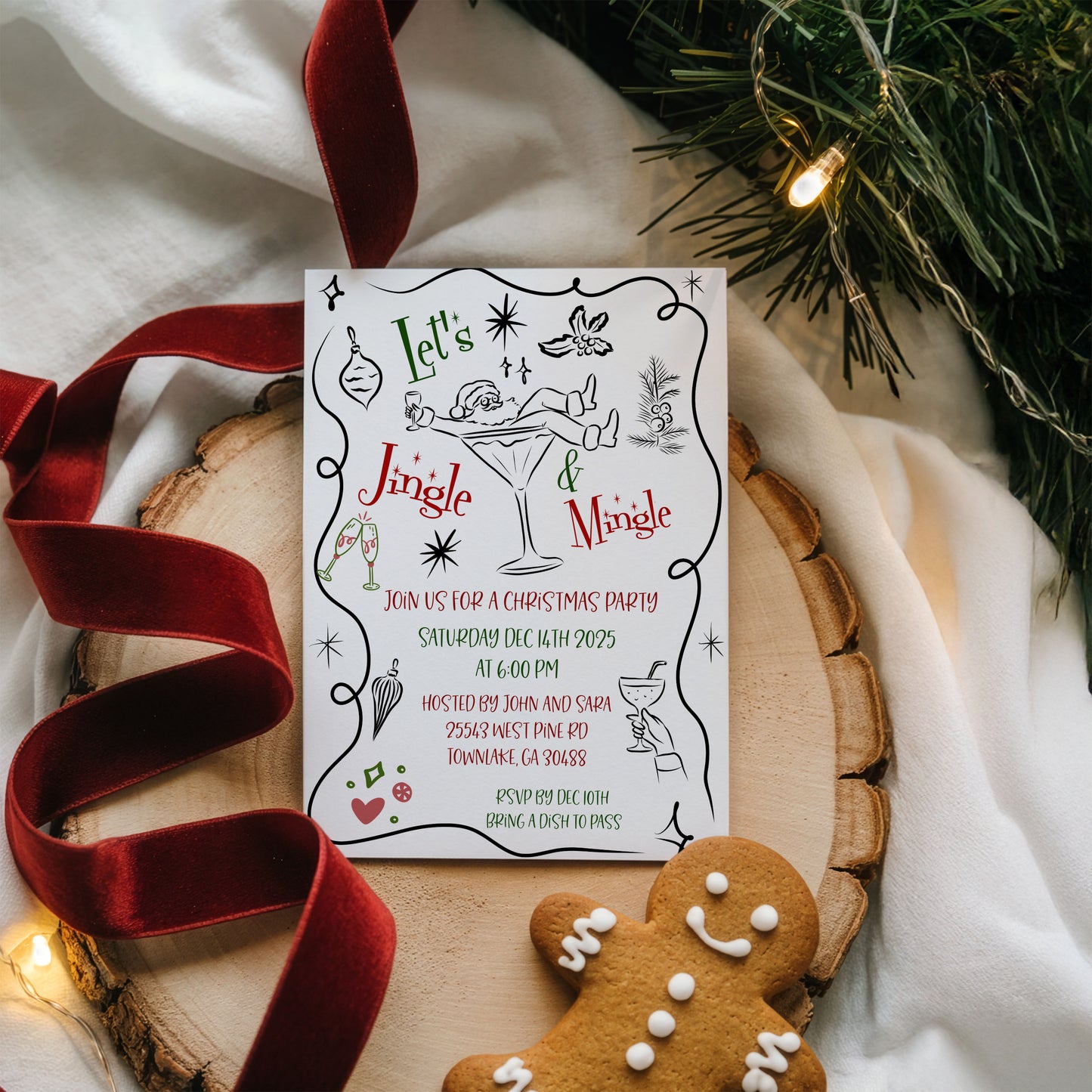 Jingle and Mingle Santa Cocktail Party Christmas Invitation