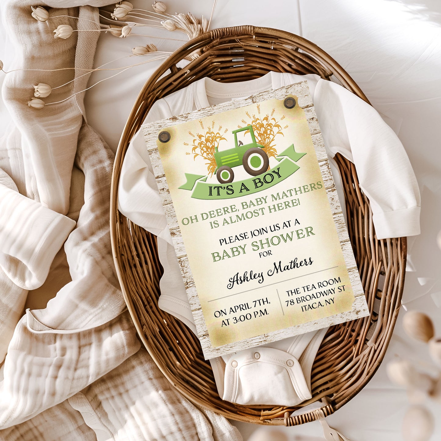 Green Tractor Farm Baby Shower Invitation
