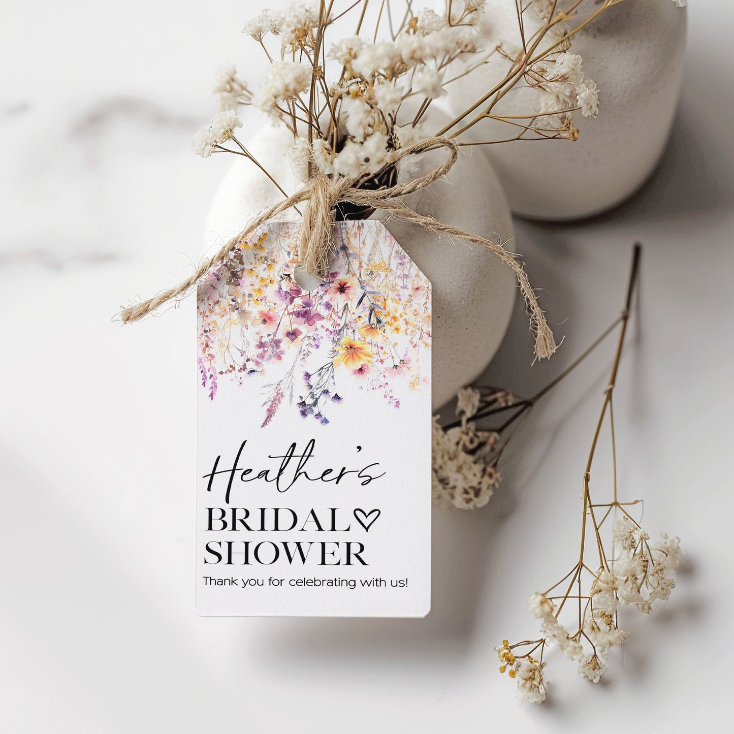 Purple Wild Flower Bridal Shower Heart Gift Tag