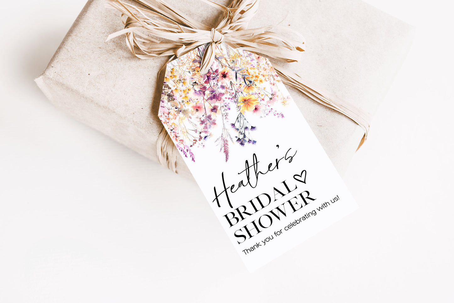 Purple Wild Flower Bridal Shower Heart Gift Tag