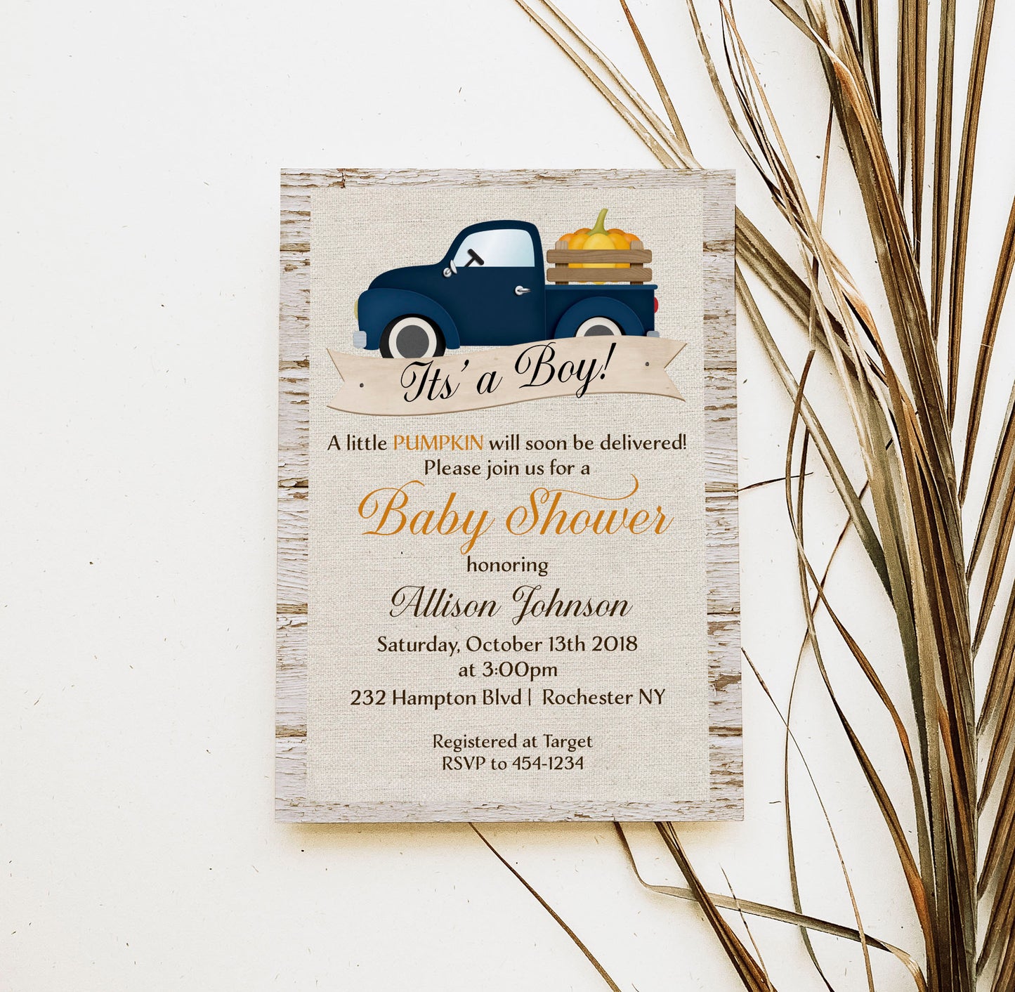 Fall Country Truck Baby Shower Invitation