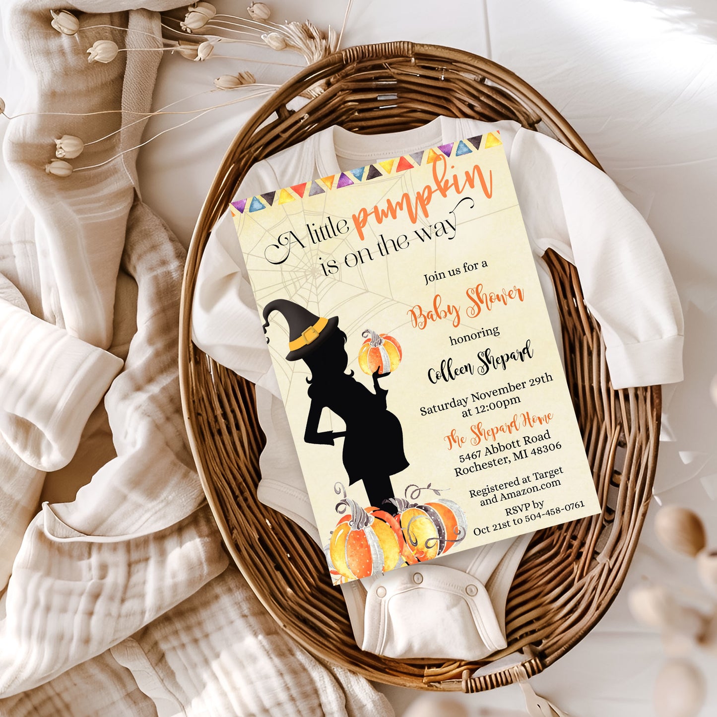 A little Pumpkin Halloween Witch Baby Shower Invitation