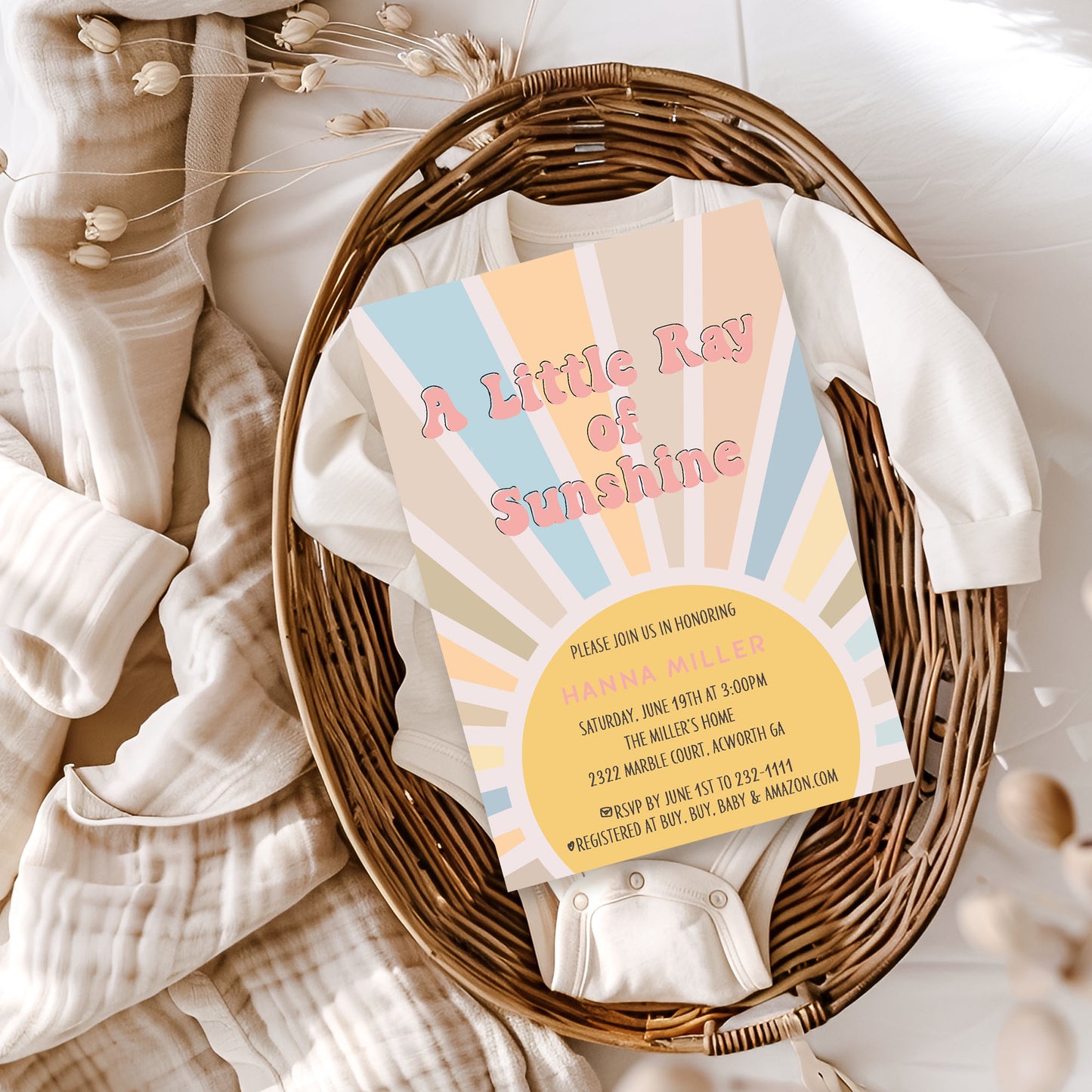 A Little Ray of Sunshine Groovy Baby Shower Invitation